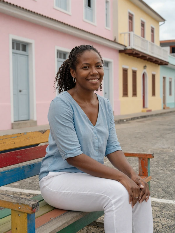 Friendly Bahamian woman sitting in colorful Nassau street showing warm island hospitality and style