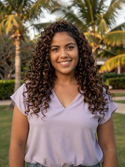 Gabriela, 27-year-old Dominican woman in a tropical garden wearing a lavender blouse
