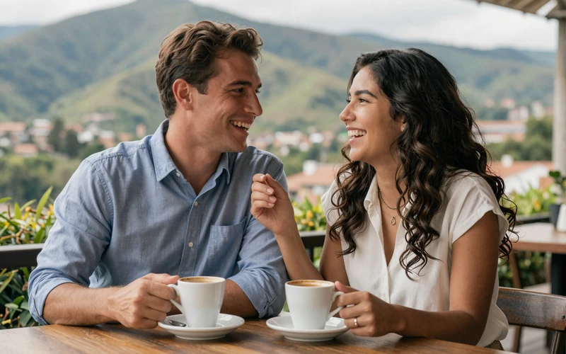 American man and Colombian woman sharing coffee at a romantic outdoor cafe in Medellín