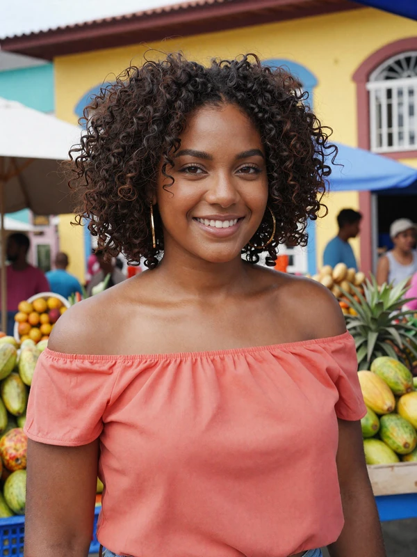 Attractive Trinidadian woman of African descent at a colorful Port of Spain market showcasing Caribbean warmth and confidence