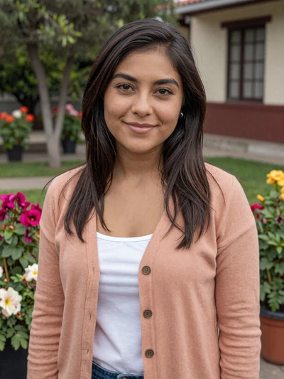 Andrea, 25-year-old verified Peruvian woman smiling in a flowering Lima garden