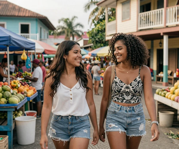 Two Surinamese women of different ethnic backgrounds sharing a laugh at a Paramaribo market showcasing multicultural friendship