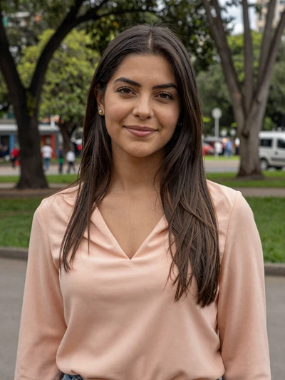 Catalina, 29-year-old Colombian woman smiling in a Bogotá park wearing a peach blouse