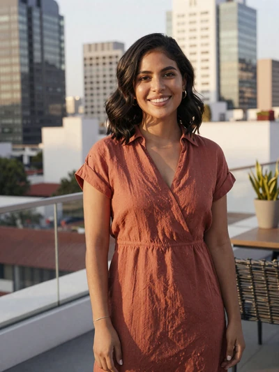 Fernanda, 31, Mexican woman on a rooftop terrace in Mexico City