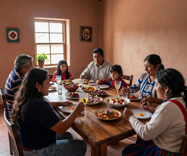 Peruvian family sharing traditional Sunday lunch together demonstrating strong family bonds