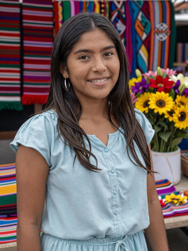Beautiful Ecuadorian woman at a traditional highland market in Quito showcasing indigenous heritage and warmth