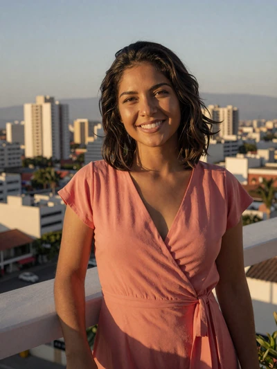 Andrea, 31-year-old Colombian woman on a balcony overlooking Cali at sunset
