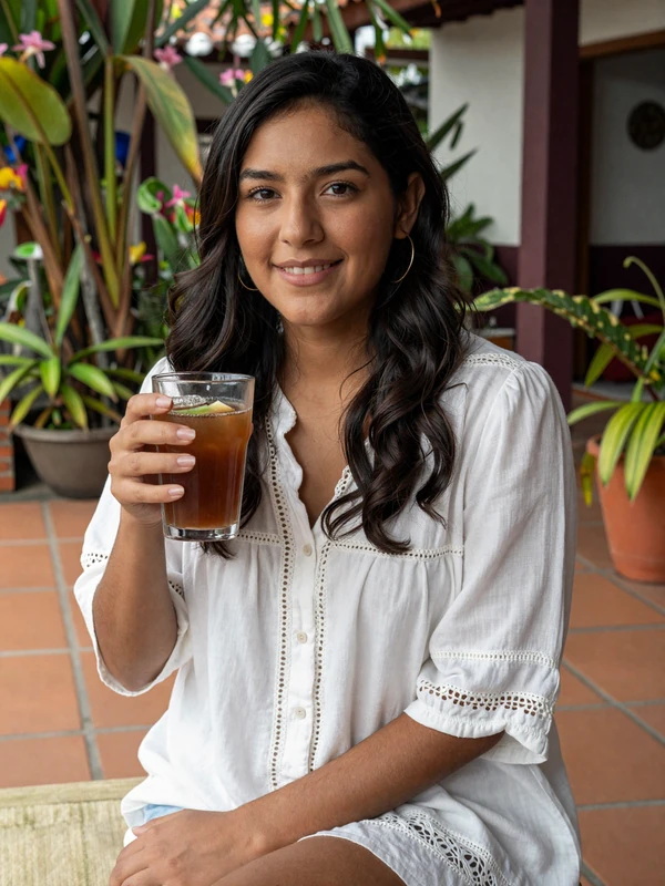 Paraguayan woman sharing tereré in a traditional garden patio showcasing Guaraní cultural hospitality