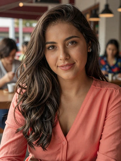 Valentina, 27, Colombian woman smiling in a sunlit Medellín cafe
