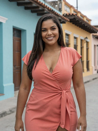 Yamileth, 27-year-old Dominican woman in colonial Santo Domingo wearing a coral dress