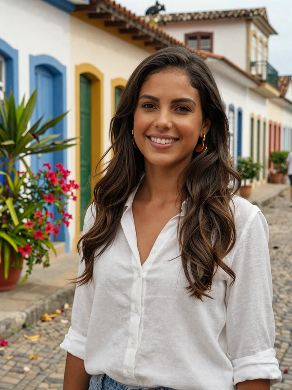 Beautiful Brazilian woman in white linen blouse smiling in a colorful colonial street setting