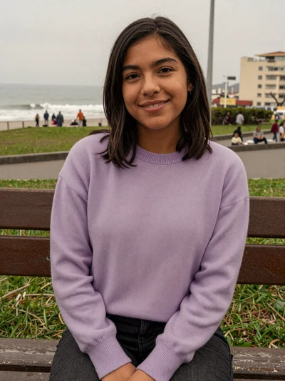 Laura, 28-year-old Peruvian woman sitting on a park bench in Lima Miraflores district