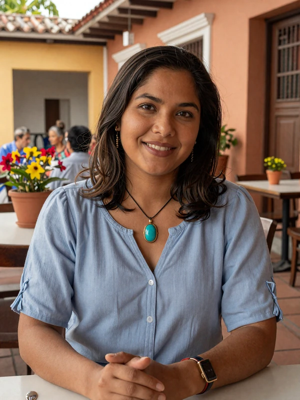 Honduran woman enjoying conversation at a colonial courtyard café in Comayagua, showcasing authentic Central American warmth