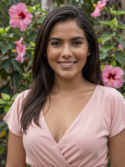 María José, 28-year-old verified Costa Rican woman in a tropical garden with hibiscus flowers