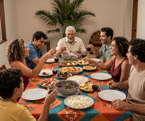 Brazilian family sharing a warm traditional meal together demonstrating strong family bonds