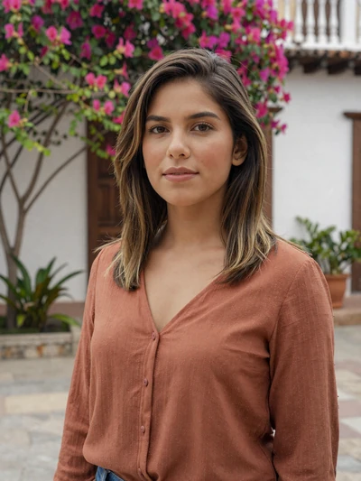 Sofía, 29-year-old Colombian woman in a flowering courtyard in Cartagena