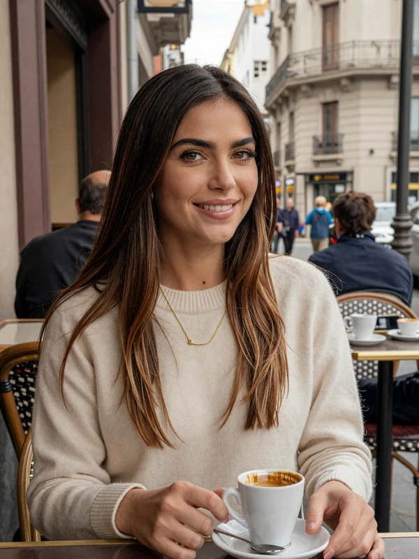 Elegant Argentinian woman at a Buenos Aires cafe showcasing European-influenced style and warmth