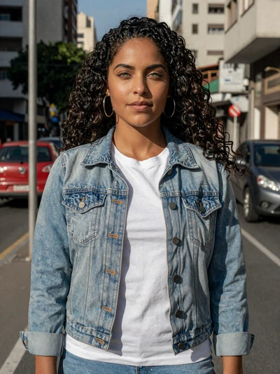 Bianca, 31-year-old Brazilian woman on a São Paulo street wearing a denim jacket