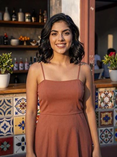 Gabriela, 29-year-old verified Mexican woman at a colorful Mexico City cafe