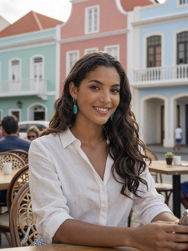 Dutch Antillean woman at a colorful Willemstad cafe showcasing Caribbean-European style and warmth