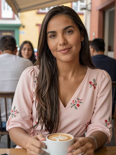 Valentina, 26-year-old Colombian woman smiling at a Bogotá outdoor cafe