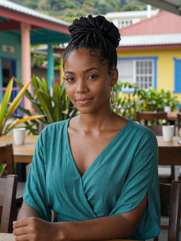 Elegant Saint Lucian woman at a Castries cafe showcasing Franco-Creole charm and Caribbean warmth