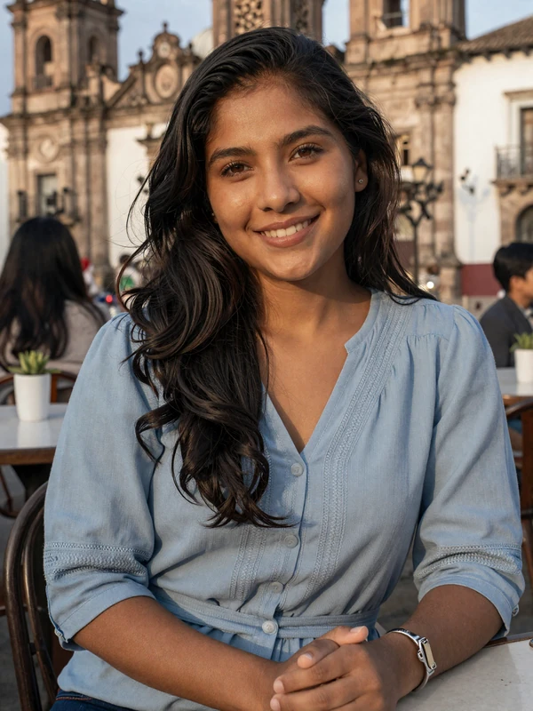 Young Guatemalan woman at an outdoor cafe in Antigua showcasing warm Central American beauty and traditional charm