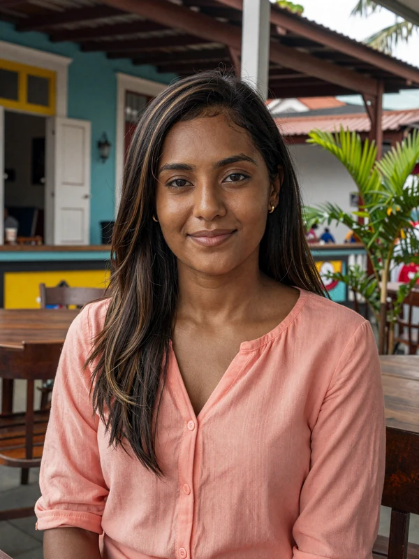 Young Indo-Guyanese woman smiling at a Georgetown cafe showcasing multicultural Guyanese beauty