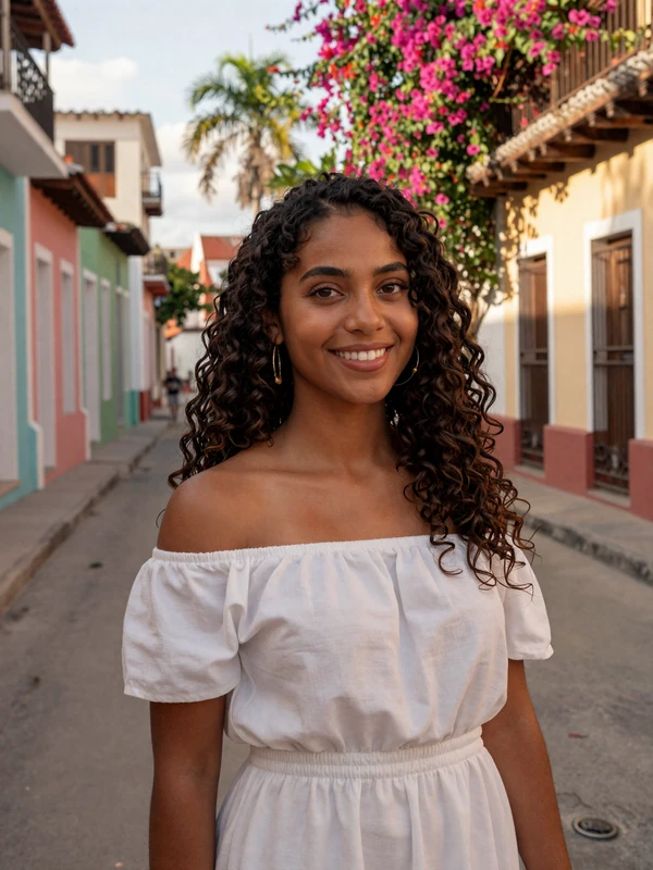 Beautiful Dominican woman smiling in the colorful colonial streets of Santo Domingo