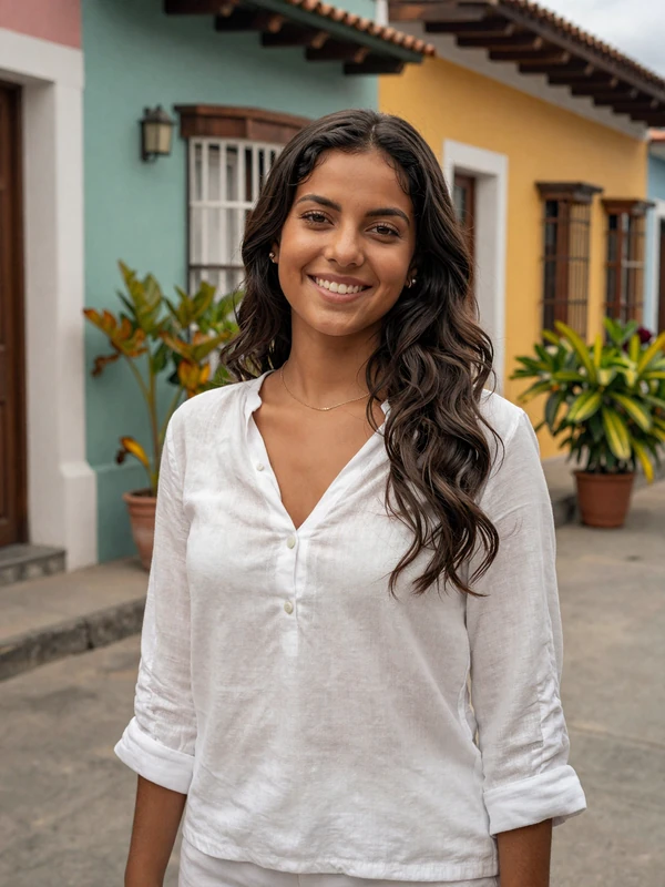 Beautiful Venezuelan woman in white blouse smiling in a colorful colonial street in Caracas