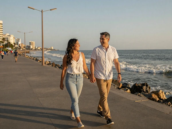 Romantic couple walking along Miraflores boardwalk in Lima Peru at golden hour sunset