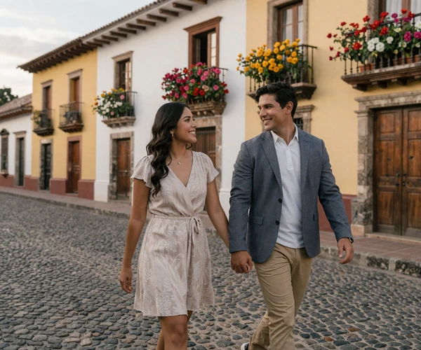 Romantic couple walking through colonial streets of Cuenca Ecuador during golden hour