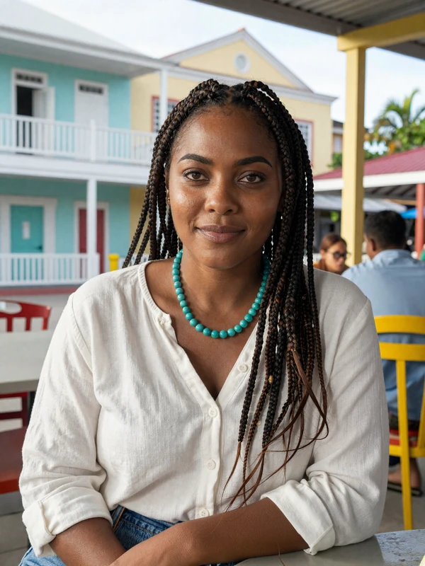 Beautiful Barbadian woman at a Bridgetown cafe showing Bajan elegance and warmth