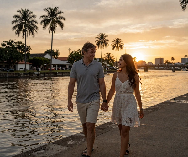 American man and Paraguayan woman walking along the Asunción waterfront costanera at golden sunset