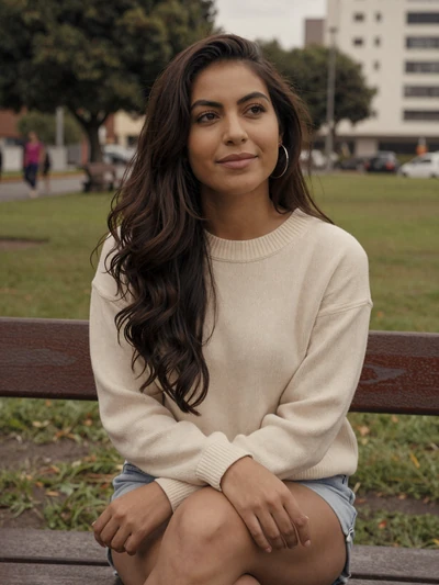 Alejandra, 30-year-old Peruvian woman sitting in Miraflores park in Lima