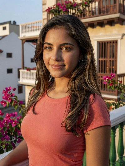Natalia, 31-year-old verified Colombian woman on a colorful Cartagena balcony