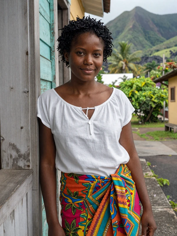Young Vincentian woman in casual clothing standing on a colorful Kingstown street with volcanic hills in background