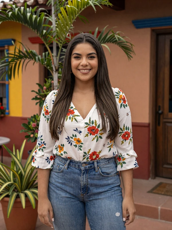 Beautiful Colombian woman in white floral blouse smiling in a colorful Colombian courtyard