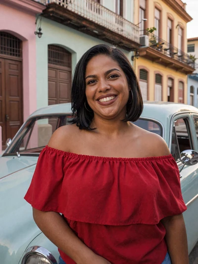 Carmen, 30-year-old verified Cuban woman smiling near vintage car in Havana