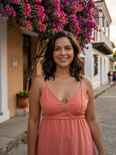 Natalia, 29-year-old verified Colombian woman in coral dress on Cartagena colonial street