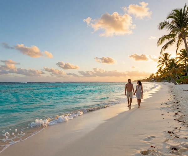 Romantic couple walking on a pristine Bahamian beach at sunset representing Caribbean island love