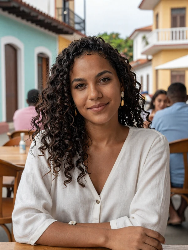 French Guianese woman at a Cayenne café showcasing Creole-French style and warmth