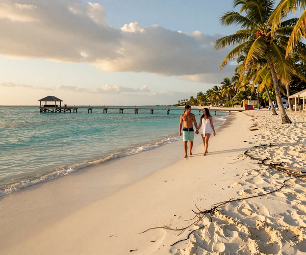 Romantic couple walking on a Caribbean beach in Belize at sunset showing the beauty of Belizean dating