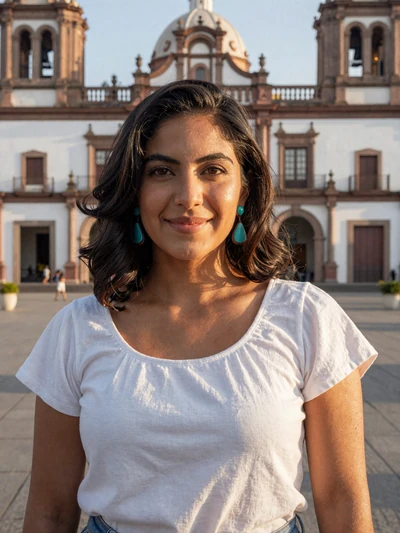 Daniela, 29-year-old Mexican woman standing in a sunny Monterrey plaza