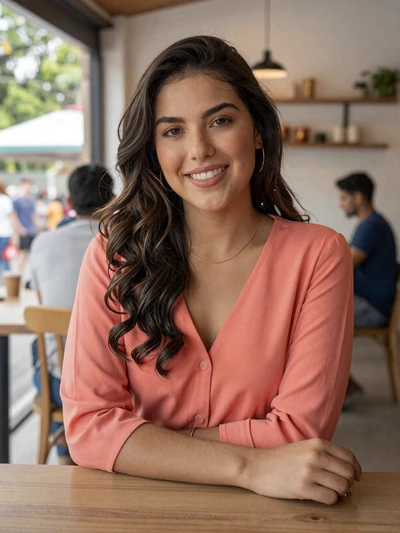 Sofía, 26-year-old Colombian woman smiling at a modern Bogotá cafe