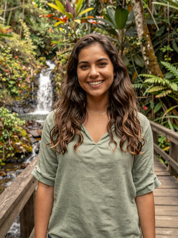 Beautiful Costa Rican woman smiling in a tropical rainforest setting near San José