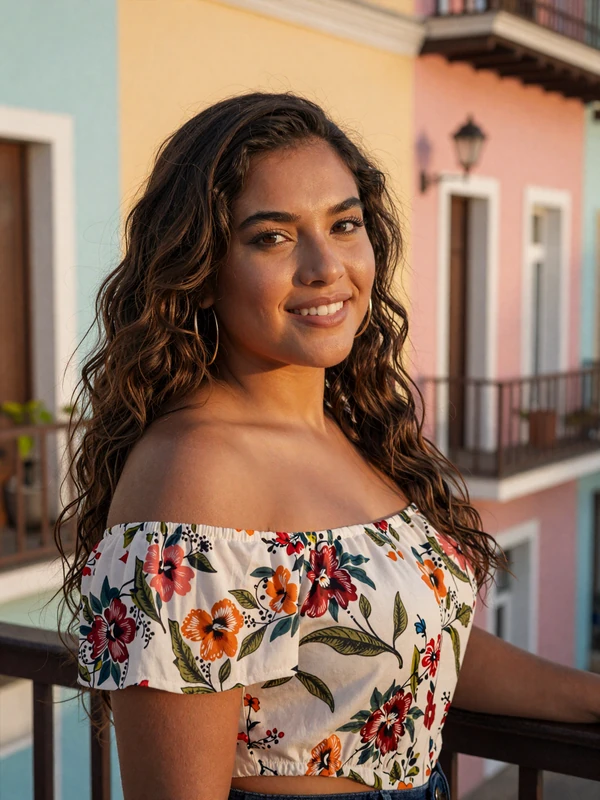 Beautiful Puerto Rican woman smiling on colorful Old San Juan balcony showcasing Boricua warmth and style