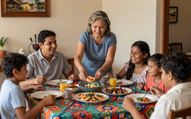 Multigenerational Latin family sharing a warm dinner together in a cozy home
