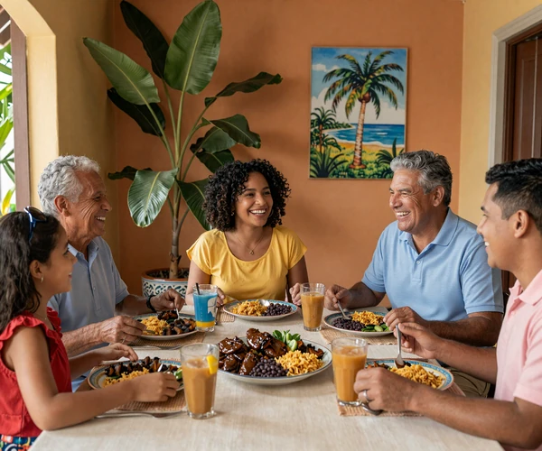 Dominican family sharing a traditional meal together showing strong family bonds and Caribbean warmth