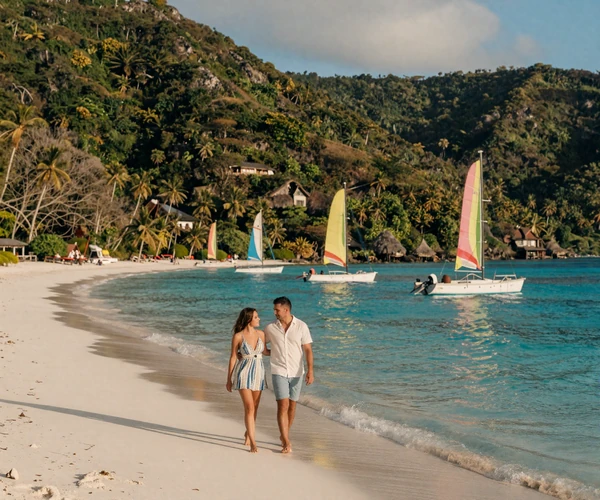 Romantic couple walking on a pristine Grenadines beach with turquoise water and green island hills